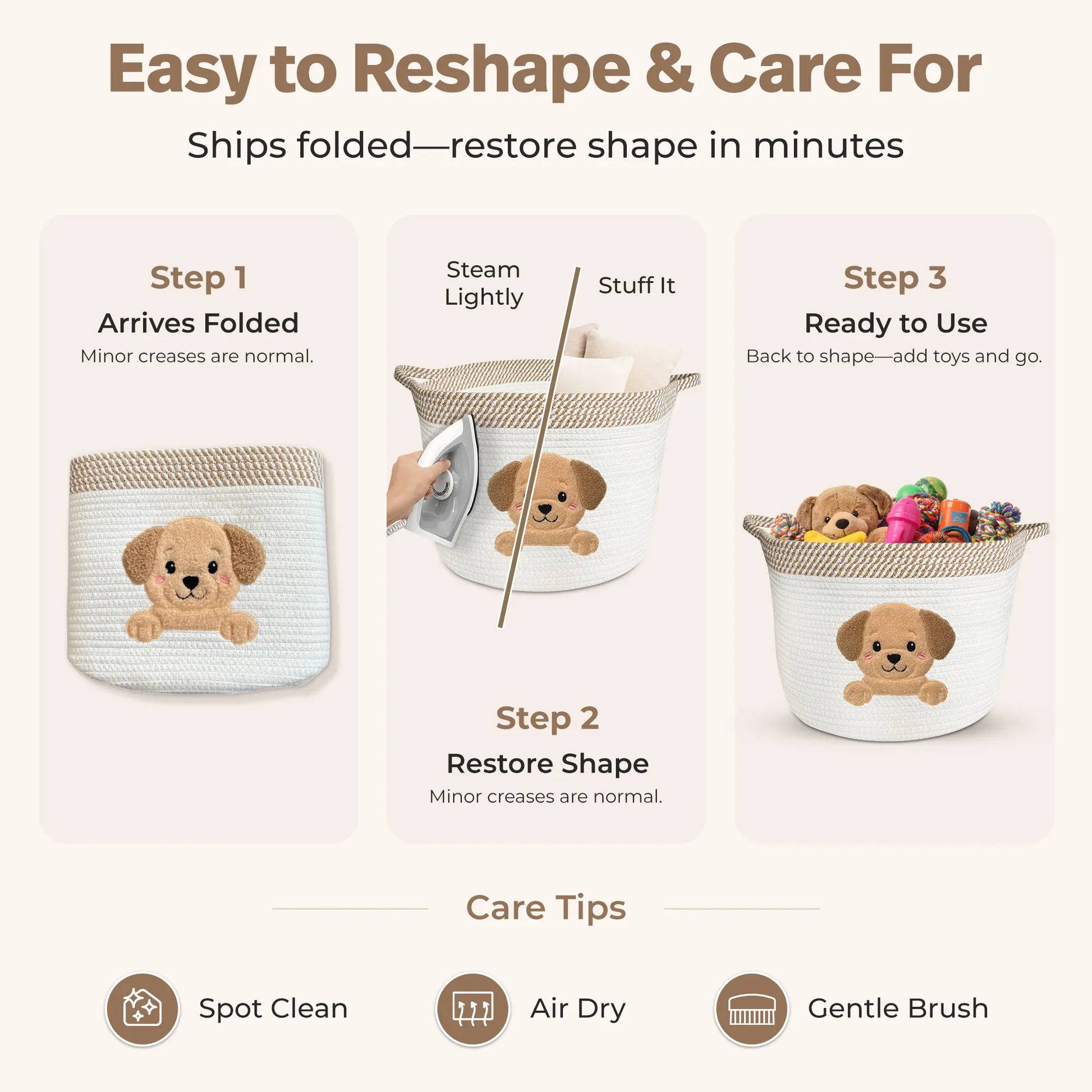 Golden Retriever & Labrador Dog Toy Basket (15”X11”) Large Cotton Rope Storage Bin W/ Puppy Patch + Handles — Organizer for Toys, Chew Bones, Leashes, Blankets, Grooming Supplies — Neutral Beige/White Living Room Decor (All Dogs)