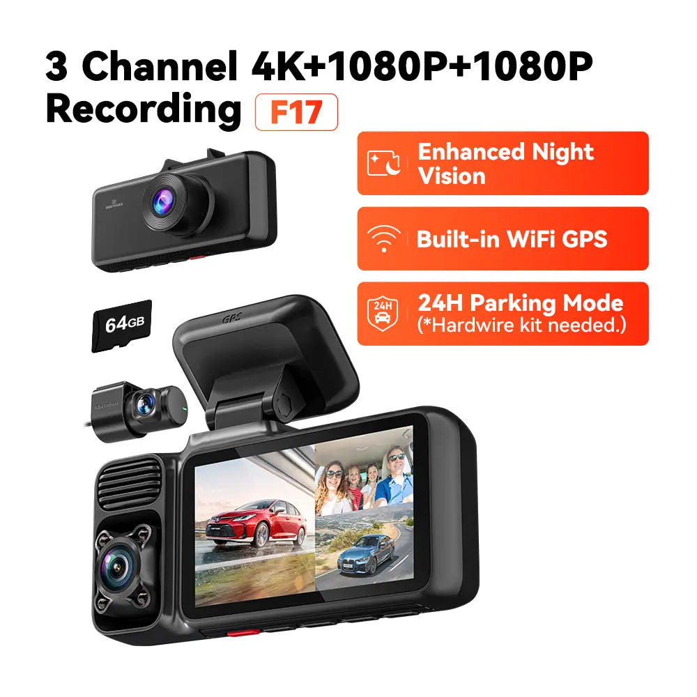 【Fathersdaygift】Redtiger F17 Elite 4K 3-Channel Dash Cam with STARVIS 2 IMX678 & IMX675, 128GB Card, Full Night Color, 4K+2.5K+1080P Front Rear Inside, Touch Screen, Voice Control, 5Ghz Wifi 6, GPS, HDR, 24 Hours Parking Mode, Car Rvibes, Car VLOG,