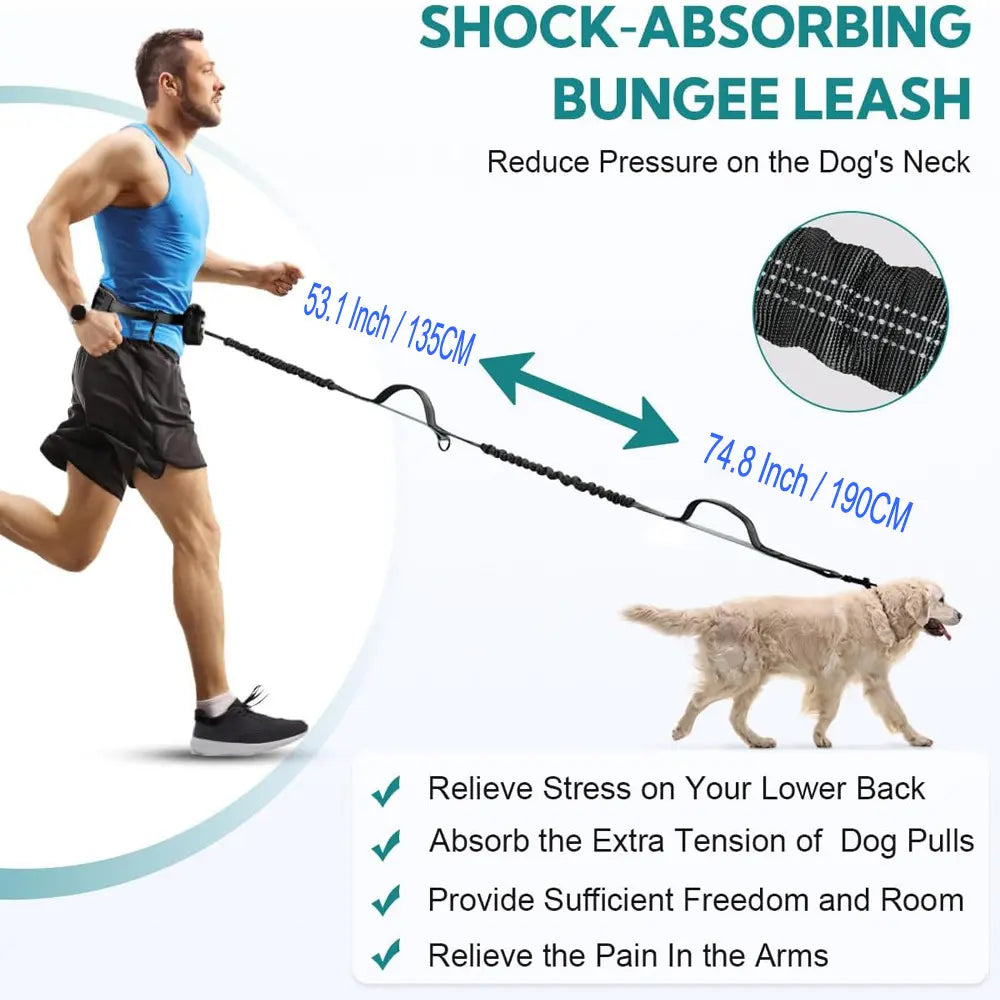 Hands-Free Dog Leash, Elastic Strengthened, Ideal for Running, Walking, Training, Hiking, Durable Dual Handle Waist Belt, Reflective Bungee