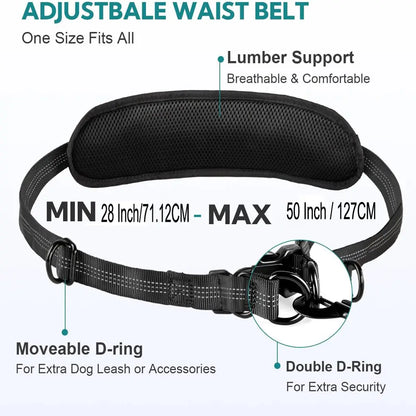 Hands-Free Dog Leash, Elastic Strengthened, Ideal for Running, Walking, Training, Hiking, Durable Dual Handle Waist Belt, Reflective Bungee