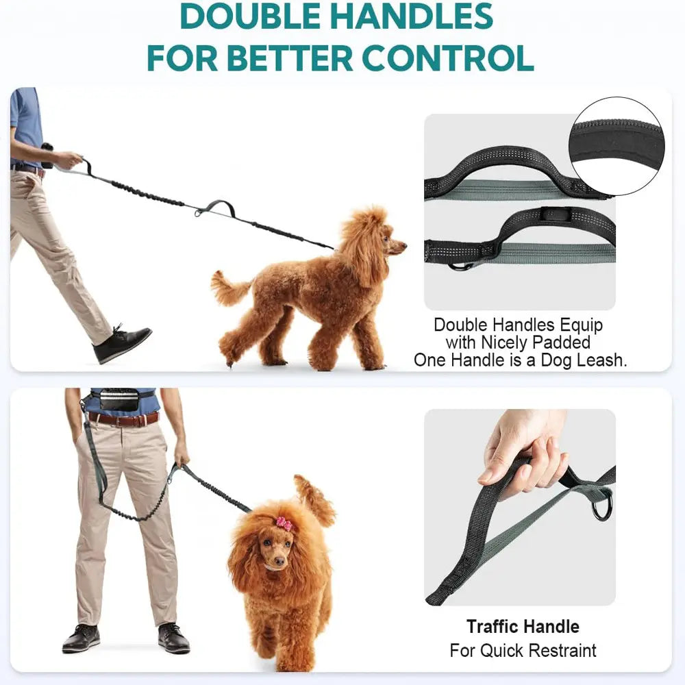 Hands-Free Dog Leash, Elastic Strengthened, Ideal for Running, Walking, Training, Hiking, Durable Dual Handle Waist Belt, Reflective Bungee