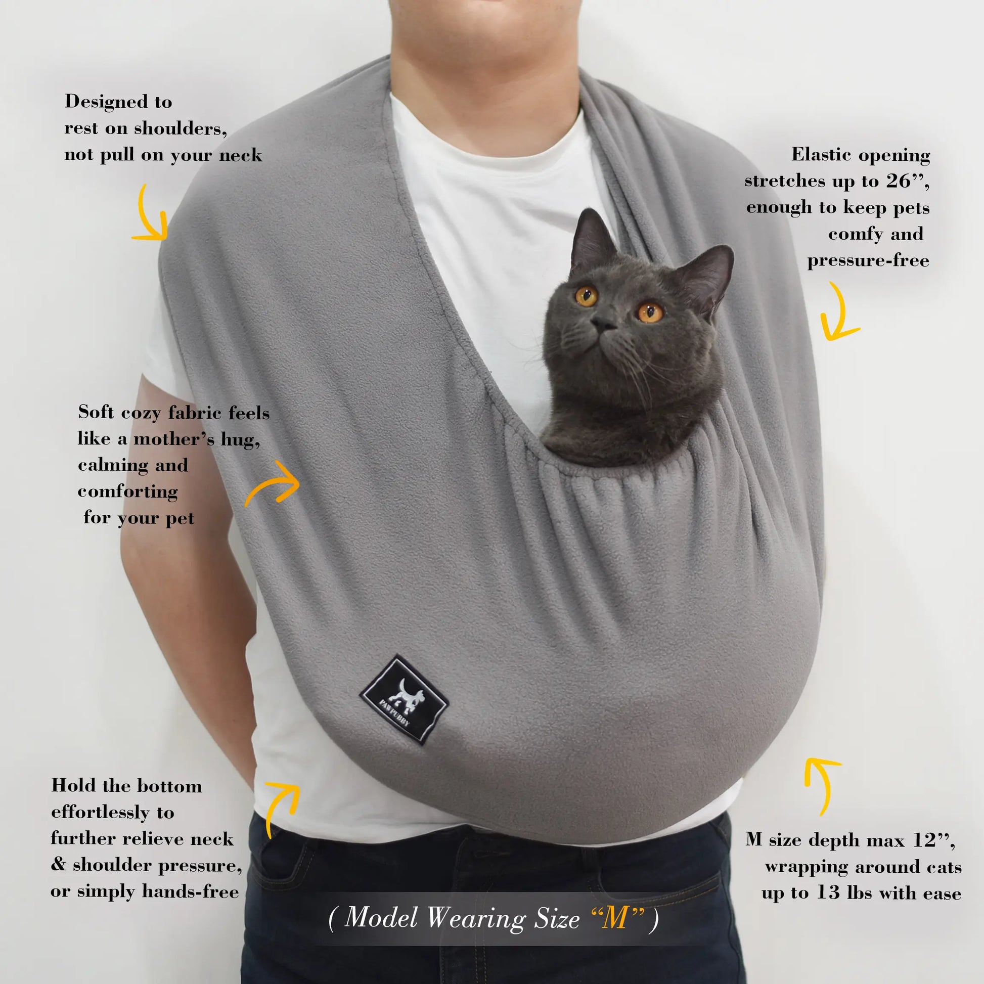 PAWPUBBY Soft Fleece Cuddler Cat Sling Carrier - Cozy and Secure for Pets up to 18 lbs, Ideal for Home Use with Harness and Breathable Seat Covers