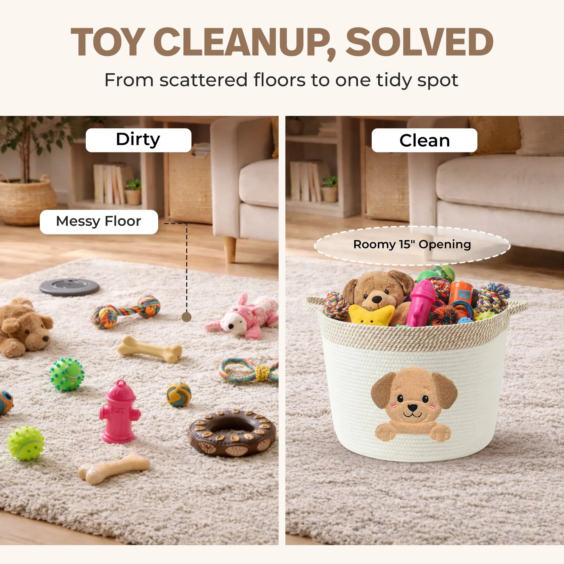 Golden Retriever & Labrador Dog Toy Basket (15”X11”) Large Cotton Rope Storage Bin W/ Puppy Patch + Handles — Organizer for Toys, Chew Bones, Leashes, Blankets, Grooming Supplies — Neutral Beige/White Living Room Decor (All Dogs)