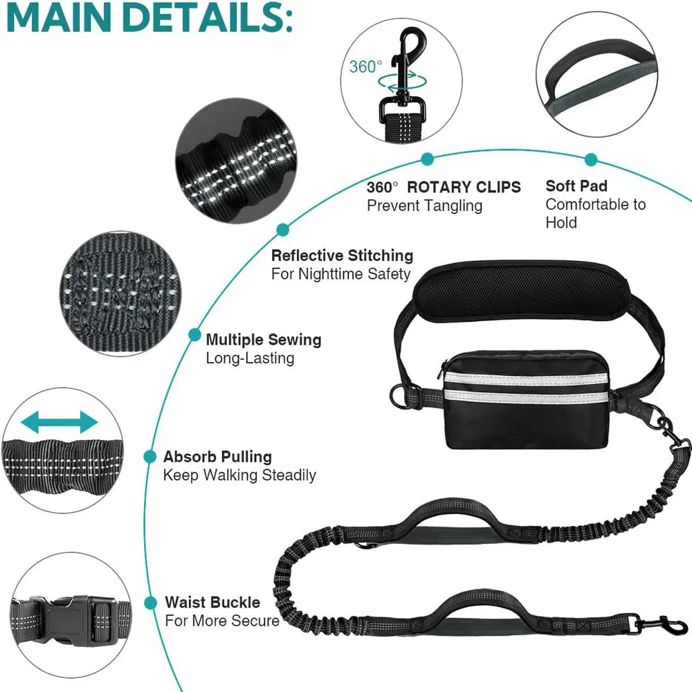Hands-Free Dog Leash, Elastic Strengthened, Ideal for Running, Walking, Training, Hiking, Durable Dual Handle Waist Belt, Reflective Bungee