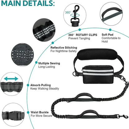 Hands-Free Dog Leash, Elastic Strengthened, Ideal for Running, Walking, Training, Hiking, Durable Dual Handle Waist Belt, Reflective Bungee