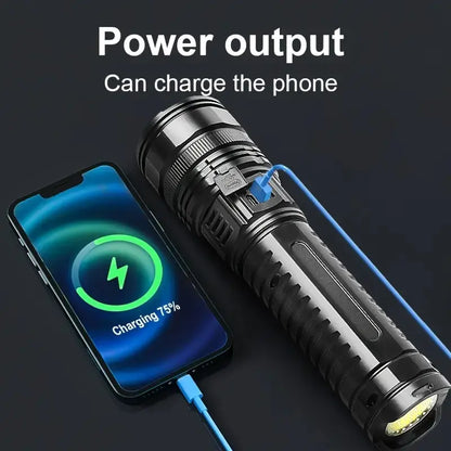 Rechargeable LED Outdoor Tactical Flashlight, 5 Modes Zoomable High-Lumens Portable LED Light with Long-Range Beam & COB Light for Camping & Hiking, Adjustable Tactical Flashlights, Emergency LED Flashlight