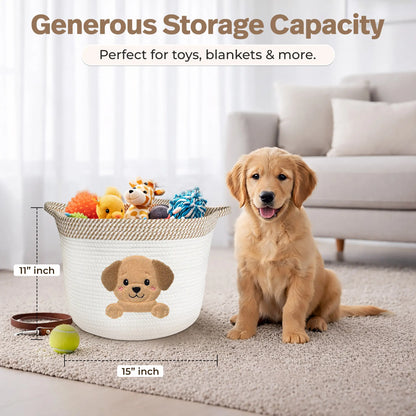 Golden Retriever & Labrador Dog Toy Basket (15”X11”) Large Cotton Rope Storage Bin W/ Puppy Patch + Handles — Organizer for Toys, Chew Bones, Leashes, Blankets, Grooming Supplies — Neutral Beige/White Living Room Decor (All Dogs)